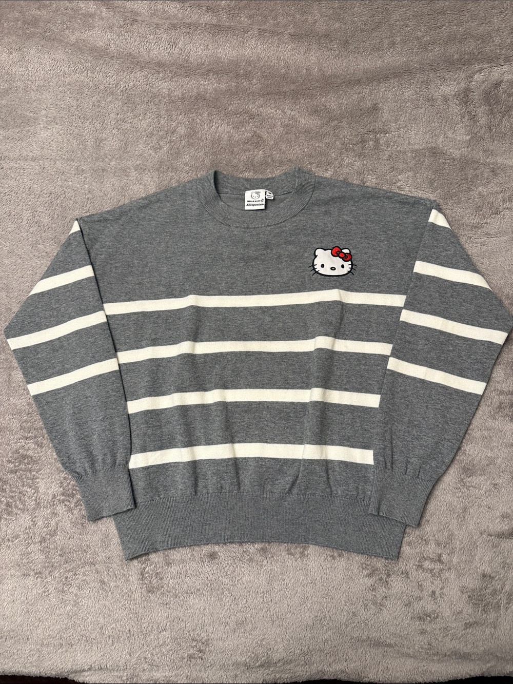 Hello Kitty Gray & White Striped Crewneck Sweater with Red Bow Accent, M